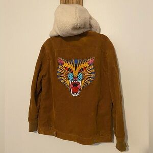 Bershka corduroy tan jacket with ivory fleece lining - small